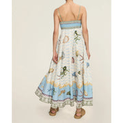 ScarletteEmmy Women Coastal Print Maxi Dress, Spaghetti Strap, High Waist, Flowy Linen Look Sundress, Light Blue
