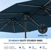 TASKBAY 15ft Double-Sided Rectangular Patio Umbrella with 48 Solar-Powered RGB LED Lights, Crank Handle, Blue, Freestanding with Sandbag Base