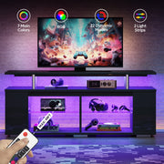 Pinmoco LED TV Stand for TVs up to 70 in, High Gloss Black Gaming Entertainment Center with Adjustable Glass Shelves, Built-in LED Lighting, PS5 Storage