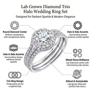 JeenMata 1 Carat Lab Grown Diamond Trio Wedding Ring Set, Round Cut Halo Statement Ring, 18K White Gold Plating, Women