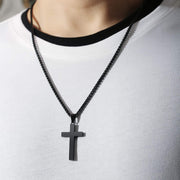APSVO Black Stainless Steel Cross Necklace for Men Boys, 18 Inch Wheat Chain, Catholic Christian Religious Jewelry