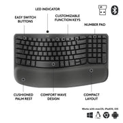 Logitech Wave Keys for Business Wireless Ergonomic Keyboard with Cushioned Palm Rest, Secure Logi Bolt Technology, Bluetooth, Graphite, 920-012058