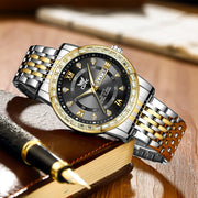 OPK Men's Diamond Luxury Dress Watch, Analog Quartz, 42mm Black Dial, Gold Stainless Steel Band, Water-Resistant 30m, Date Display WA-K-G8174GJ-JH