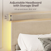Bestier King Platform Bed with Adjustable Storage Headboard Shelf, RGB LED Lighting, Corduroy Upholstered Frame, Taupe
