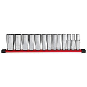 Milwaukee 13PC 1/2 in Drive 12-Point Deep Well SAE Socket Set, Chrome Red, Storage Rail Included, 48-22-9424
