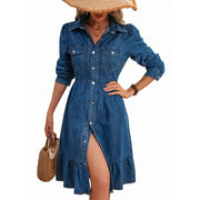 Women's Blue A-Line Denim Dress with Ruffle Swing Hem, M