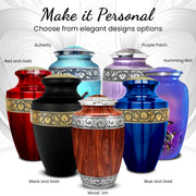 Americurn Wooden Grain Cremation Urn Set, Large Adult Urn, 4 Mini Keepsake Urns, Ash Necklace, Warm Wood Grain Finish