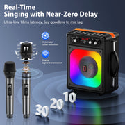 JAUYXIAN Karaoke Machine, Bluetooth Speaker with 2 Wireless Microphones, Colorful RGB DJ Lights, Portable with Shoulder Strap, USB TF AUX Input, 30W Sound System T22-T TX06