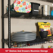 Rubbermaid 85030B 5-Tier Deluxe Heavy Duty Black Wire Shelving Unit with Drawers and Basket, 1520 lb Capacity, 48 in W x 16 in D x 72 in H