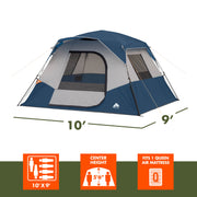 Ozark Trail 6 Person Instant Cabin Tent, Eco-Friendly Recycled Materials, Blue, 10 ft x 9 ft x 66 in, 17687153062