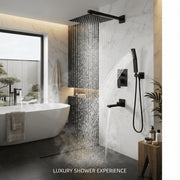 LIFERECORD 3-in-1 Matte Black Bathroom Shower Fixture with Rainfall Shower Head, Handheld Shower, Tub Spout, Brass Rough-In Valve ZX-HS610-BK
