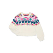 Wonder Nation Girls Holiday Fair Isle Sweater, Relaxed Fit Pullover, Off-White, 10/12 (L)