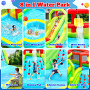 WELLFUNTIME Inflatable Water Slide Bounce House with Dual Slides, Climbing Wall, Splash Pool, Water Cannons, and Blower, 191 x 157.5 x 100 in