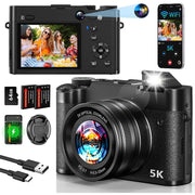 ACTITOP Digital Camera, 64MP Dual Lens, 5K UHD Video, 6X Optical Zoom, Wi-Fi Enabled, 2.8-Inch IPS Screen, Black