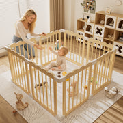 Babyeap Foldable Wooden Baby Playpen, Large Adjustable Indoor Play Yard with Built-In Gate, Brown, 47x47x23.6 in