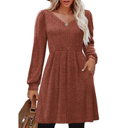 SHINE UP Womens A-Line Casual Dress, V-Neck, Long Puff Sleeves, Mid-Length with Pockets, Beige