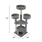 SportPet Designs Kitty City Upholstered Multi-Level 54-Inch Indoor Cat Tree with Plush Carpet, Natural Sisal Scratching Posts, Multiple Perches, Gray