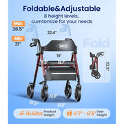 VOCIC Rollator Walker for Seniors, Foldable Aluminum Frame, Supports 350lb, 8-Inch All-Terrain Wheels, Ergonomic Adjustable Handles and Seat, Detachable Storage Bag, Red, V-RL-Z21-A-RD