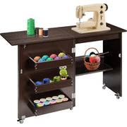 SPECSTAR VH1080US-RE Folding Sewing Craft Table, Rolling Sewing Machine Desk with Storage Shelves, Dark Brown