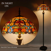 Werfactory Tiffany Style Floor Lamp, 16in Wide Stained Glass Crystal Bead Flower Shade, 64in High Bronze Antique Resin Base, 2 LED Lights Included