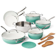 The Pioneer Woman Harlow 15-Piece Ceramic Non-Stick Cookware Set, Green, Aluminum Pots and Pans with Stainless Steel Handles