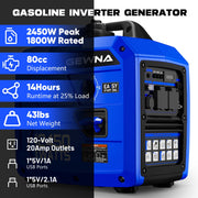GEWNA 2450-Watt Gas Powered Portable Fuel Inverter Generator, 120V, 1.6 Gallon Fuel Tank, Super Quiet, 43 lb