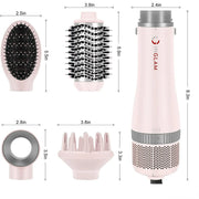 InGlam AB0319-4P 4 in 1 Hair Dryer with Diffuser and Curler, Negative Ion Detachable Brush Hair Dryer & Volumizer, Pink