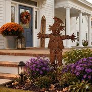 Generic Rustic Metal Scarecrow Garden Stake with Crow, 23 in Rust Brown Weathered Iron, Fall Harvest Yard Art
