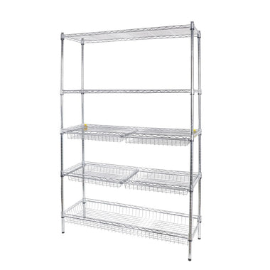 Metal shelving unit with five wire grid shelves
