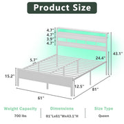 Satifur Queen Bed Frame with Wood Headboard, Integrated Charging Station, LED Lights, Double-Layer Storage Shelves, White, 17802710836