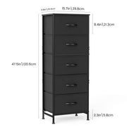 Edx Fabric Dresser with 5 Storage Drawers, Wooden Top TV Stand, Metal Frame, Black