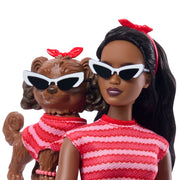 Barbie Twinning Looks Fashion Doll with Pet Dog, Matching Red Wavy Striped Outfits, Accessories Set, Poseable Joints