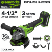 Greenworks AG590A2 24V Cordless 4-1/2 in Brushless Power Angle Grinder, 3-Speed Settings, Adjustable Handle, Tool-Free Guard, 3.6 lb