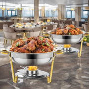 YXSC Round Chafing Dishes Buffet Set, 4 Pack, 5QT Gold Stainless Steel Food Warmer with Glass Lid