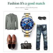 OLEVS Classic Dress Men's Wristwatch, Two-Tone Gold Plated Stainless Steel Bracelet, Blue Dial, Analog Quartz Movement, Date Display, Waterproof, Luminous Hands, 5885
