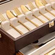 Honiway Wooden Silverware Storage Box, 3-Layer Flatware Case with Drawer, Walnut Finish, Linen Liner, Handle