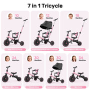 Joystone JS1063 7 in 1 Folding Kid's Tricycle with Adjustable Canopy, Pink