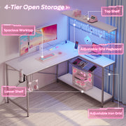 Bestier 51 L Shaped Gaming Desk with Power Outlets, LED Workstation with 4 Tiers Shelves, Carbon Fiber White