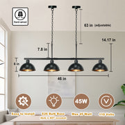 UZNHTY Pool Table Light, 4-Lights, 46 in, Matt Black, Adjustable Height, Farmhouse Style, 48290