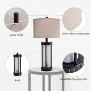 RORIA 24in Modern Table Lamp Set of 2, Black Metal Base, Linen Fabric Shade, Frosted Glass Night Light, Dual USB Charging Ports, Toggle Switch