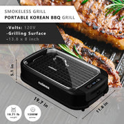 Cusimax Portable Smokeless Indoor Electric Grill, 1500W Korean BBQ Grill with LED Touch Display, Tempered Glass Lid, Nonstick Removable Plates, Black, CMRG-200-SHUANGPAN
