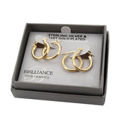 Brilliance Fine Jewelry Women 14K Gold Plated Sterling Silver Hoop Earrings Set, 2 Pairs, 15mm, Yellow Gold