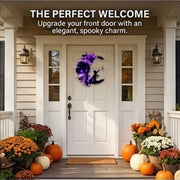 Magical Halloween Moon Cat Crescent Wreath with Light-Up Purple Floral Accents and Gothic Black Rose, Elegant Hanging