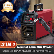 ARCCAPTAIN HELMET004 135A MIG Welder, 110V, 3-in-1 Flux Core/Lift TIG/Stick, IGBT Technology, Large LED Display, Adjustable Settings, Gasless, Red