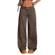 VoyageMartZenithTrend Womens Leopard Print Wide Leg Pants, High Waisted Elastic Waistband, Loose Fit, Long Casual Trousers