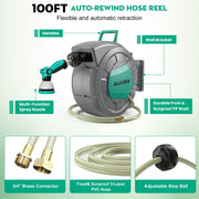 AUOSHI Retractable Garden Hose Reel, 1/2 Inch Diameter, 100ft PVC Hose with 10-Function Spray Nozzle, Wall Mount with 180-Degree Swivel Bracket, Slow Return System, ZYW03-S30