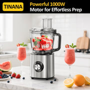 TINANA 6-in-1 Food Processor, 1000W Motor, 10-Cup BPA-Free Bowl, Multifunctional Slicer, Shredder, Dough Mixer, Silver