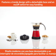 Imusa Electric Espresso Coffee Maker, 3 or 6 Cup Capacity, Red, Cool-Touch Handle, Detachable Base, GAU-18235