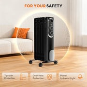 MCQ Basic Electric Oil Filled Radiator, Adjustable Thermostat, Quiet Space Heater, Portable with Casters, Black