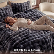 U by Bedsure Fluffy Comforter Set, Queen, Gray Faux Fur, Soft Shaggy Plush Bubble, 3 Pieces